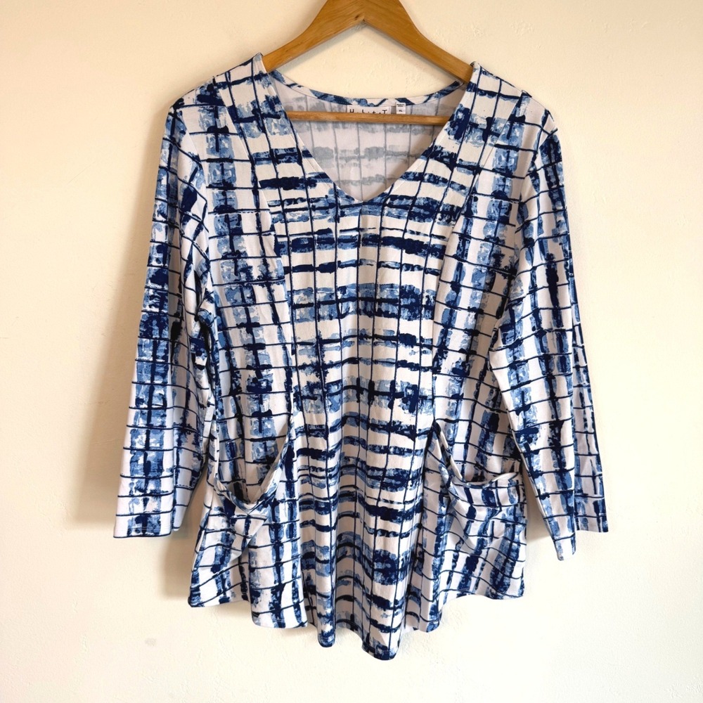 Habitat Tunic Top XL Blue White Abstract Lagenlook Artsy Art to Wear Pockets